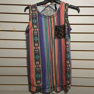 Crazy Train Medium Tank Top Shirt Multicolor Aztec Stripes Leopard Cheetah Pocke